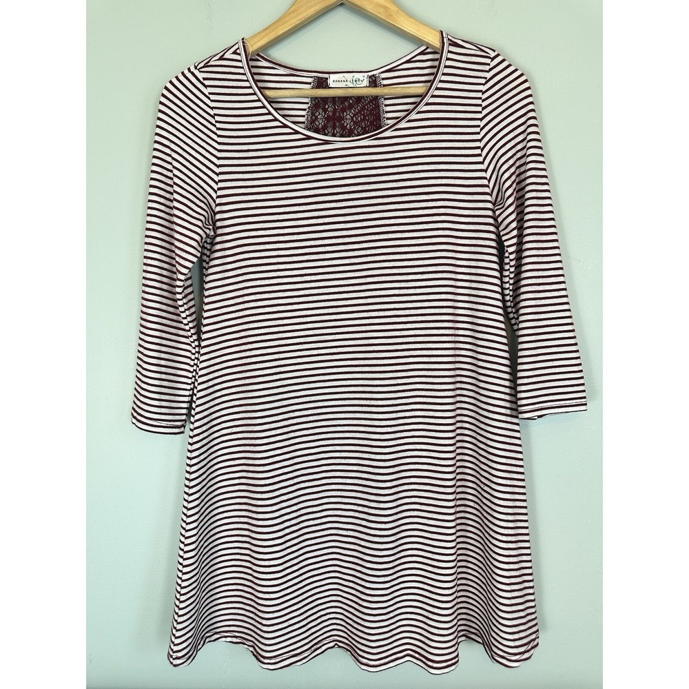 Banana Lemon Women's Maroon Striped Back Lace Panel Top Boho Flowey Size Medium